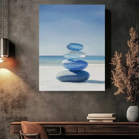 Beautiful Modern Minimalist Blue Rock Beach Painting 40x60cm Metal Print Ready to Hang