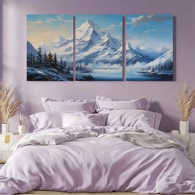 3pcs Winter Landscape Lake Mountains Illustration Metal Print Ready to Hang Art