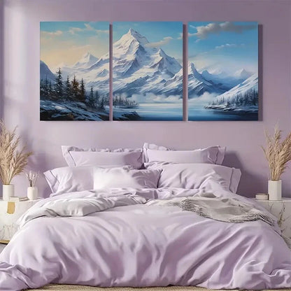 3pcs Winter Landscape Lake Mountains Illustration Metal Print Ready to Hang Art