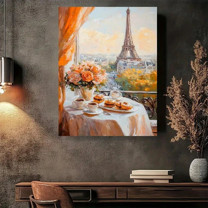 Beautiful Parisian Eiffel Tower Breakfast Painting 40x60cm Metal Print Ready to Hang - Bella Home Decor