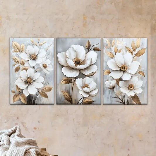 3pcs white flowers with gold leaves on a gray Wall Art Set Canvas Framed 40x60cm - High Quality Print 100% Australian Made Wall Canvas Ready to Hang