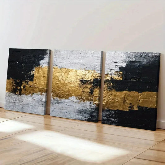 3pcs Abstract Golden Black White Design Art Wall Art Set Canvas Framed 60x90cm - High Quality Print 100% Australian Made Wall Canvas Ready to Hang