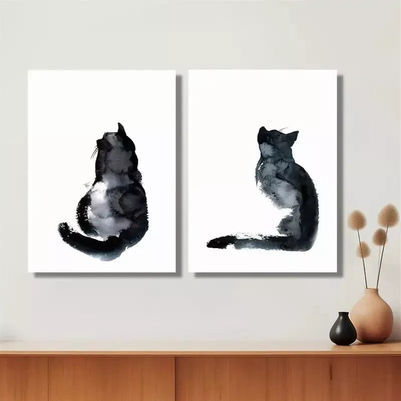 2pcs Decoration for Cat Lovers, Cat Painting, Minimalist Cat Art Canvas Framed 50x75cm - High Quality Print 100% Australian Made Wall Canvas Ready to Hang - Bella Home Decor