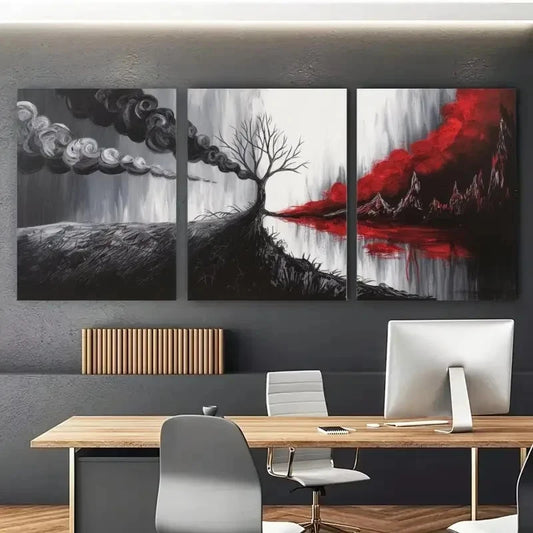 3pcs Tree Black , Red Abstract Style Wall Art Set Canvas Framed 60x90cm - High Quality Print 100% Australian Made Wall Canvas Ready to Hang