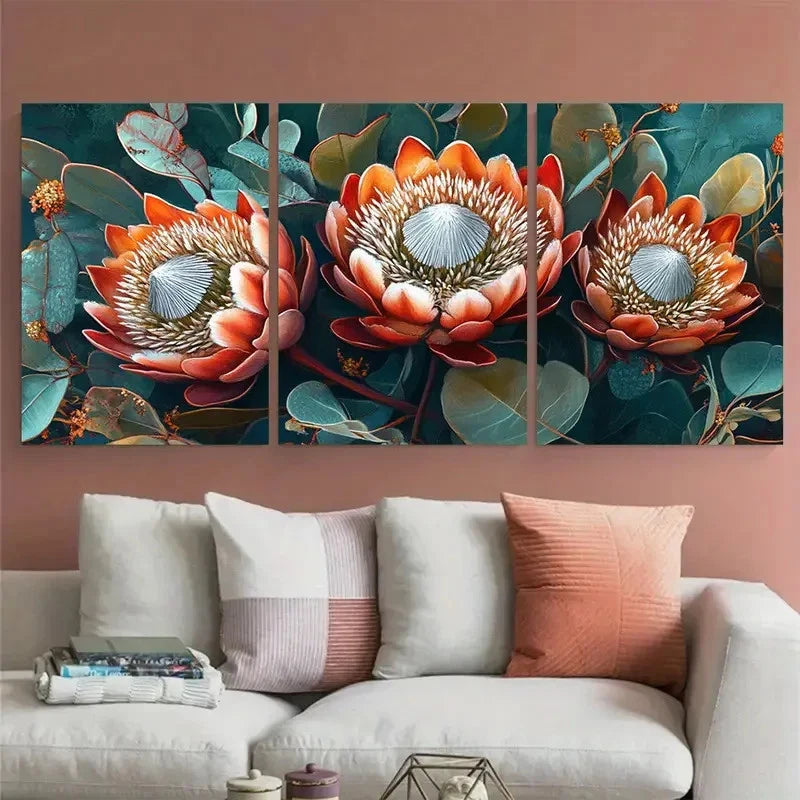 3pcs South Africa Travel Floral Illustration Wall Art Set Canvas Framed 50x70cm - High Quality Print 100% Australian Made Wall Canvas Ready to Hang