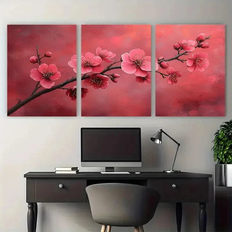 3pcs Elegant Pink Floral Branch Modern Boho Design Metal Print Ready to Hang Art - Bella Home Decor