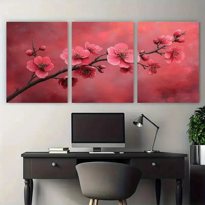 3pcs Elegant Pink Floral Branch Modern Boho Design Metal Print Ready to Hang Art - Bella Home Decor