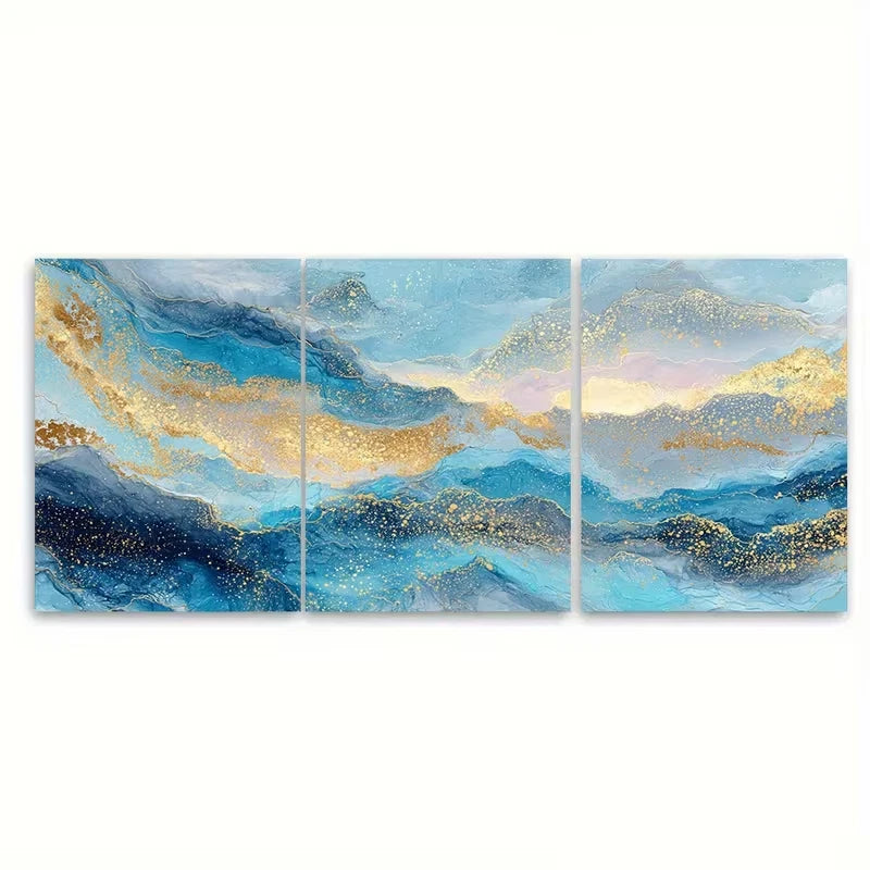 3pcs Blue & Golden Ocean Sunrise Abstract Metal Print Ready to Hang Art