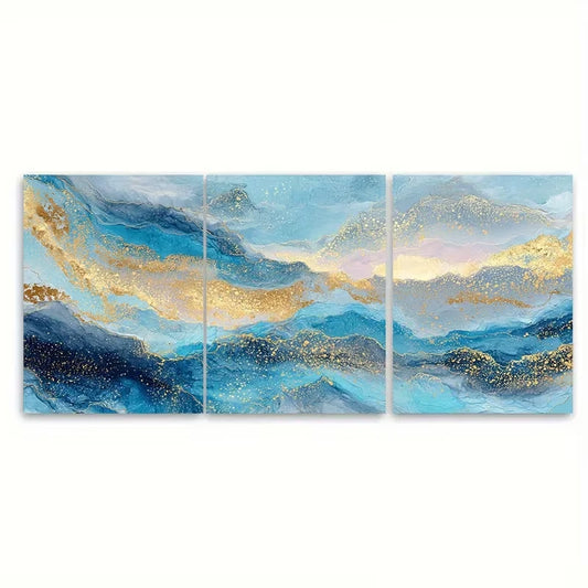 3pcs Blue & Golden Ocean Sunrise Abstract Metal Print Ready to Hang Art