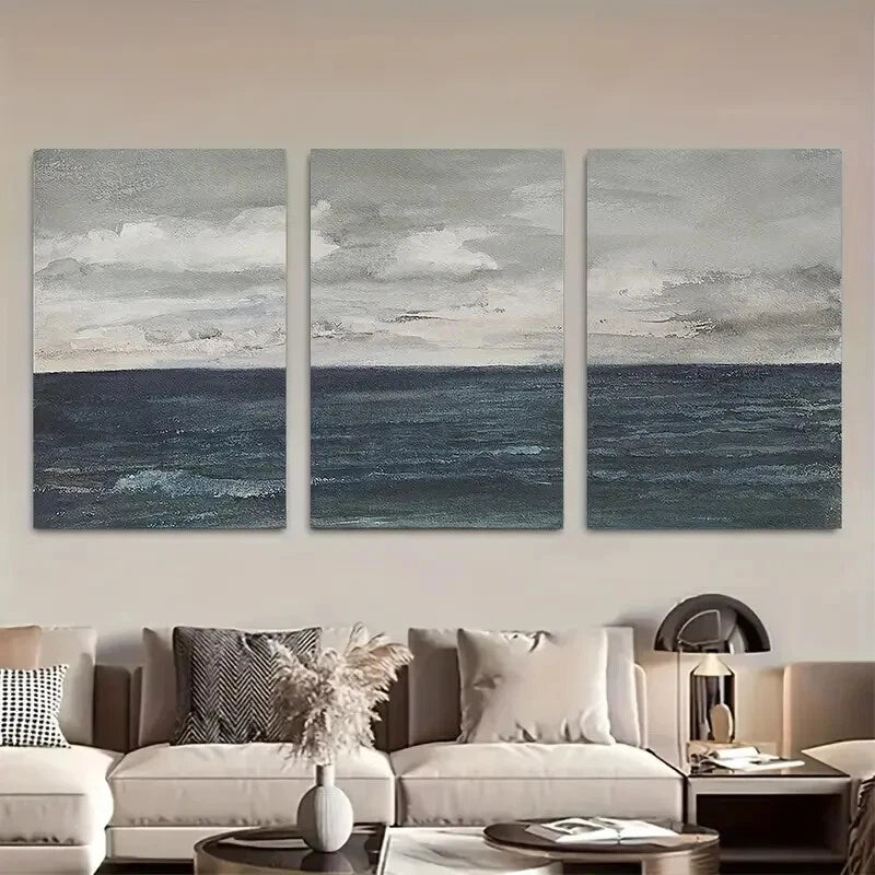 3pcs Cloudy Sky Beach Ocean Landscape Minimalist Metal Print Ready to Hang Art - Bella Home Decor