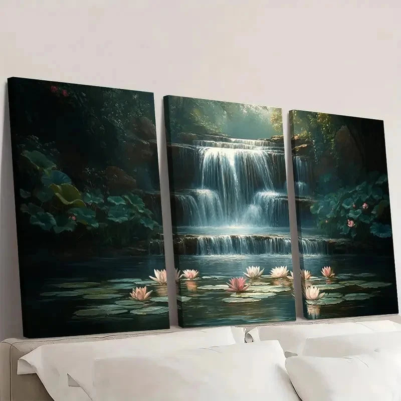 3pcs Nature Scene with Lily Pads  Waterfall  NS     Wall Art Set Canvas Framed 40x60cm - High Quality Print 100% Australian Made Wall Canvas Ready to Hang
