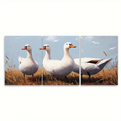 3pcs White Geese Farmhouse Animal Wall Art Set Canvas Framed 50x70cm - High Quality Print 100% Australian Made Wall Canvas Ready to Hang