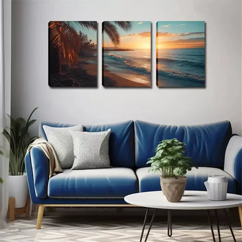 3pcs Coconut Trees & Ocean Waves Wall Art Canvas Unframed - High Quality Print 100% Australian Made Wall Canvas - Bella Home Decor