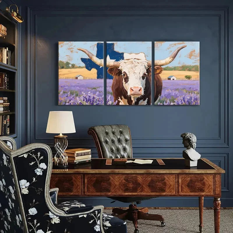 3pcs Lavender Field Rustic Texas Longhorn Cow Metal Print Ready to Hang Art - Bella Home Decor