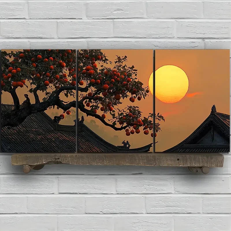 3pcs The Persimmon Tree On The Eaves Metal Print Ready to Hang Art