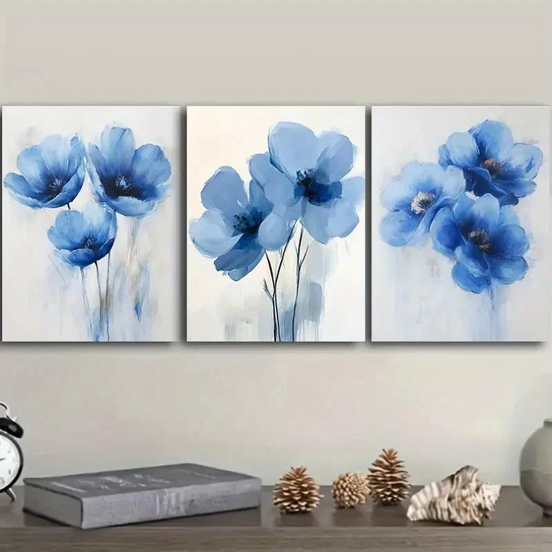 3pcs Blue Floral Teak Wood Printings Metal Print Ready to Hang Art - Bella Home Decor