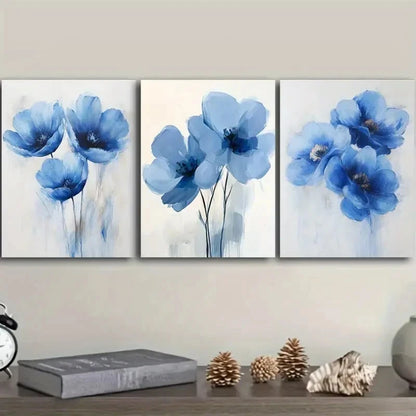 3pcs Blue Floral Teak Wood Printings Metal Print Ready to Hang Art - Bella Home Decor