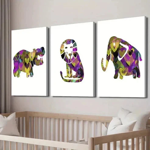 3pcs Abstract Hippo Lion Zebra Elephant Wall Art Canvas Unframed - High Quality Print 100% Australian Made Wall Canvas - Bella Home Decor