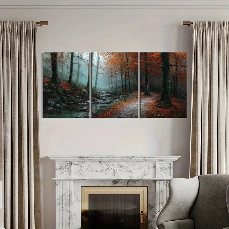 3pcs Autumn Forest Pathway Tranquil Scene Metal Print Ready to Hang Art