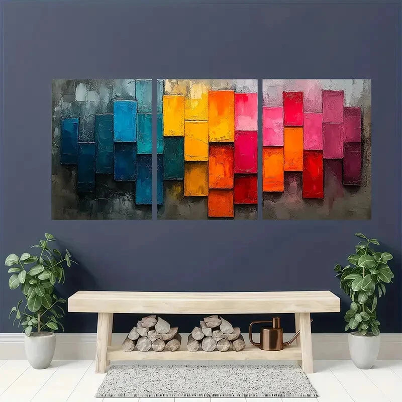 3pcs Minimalist Colorful Block Oil Painting Metal Print Ready to Hang Art - Bella Home Decor