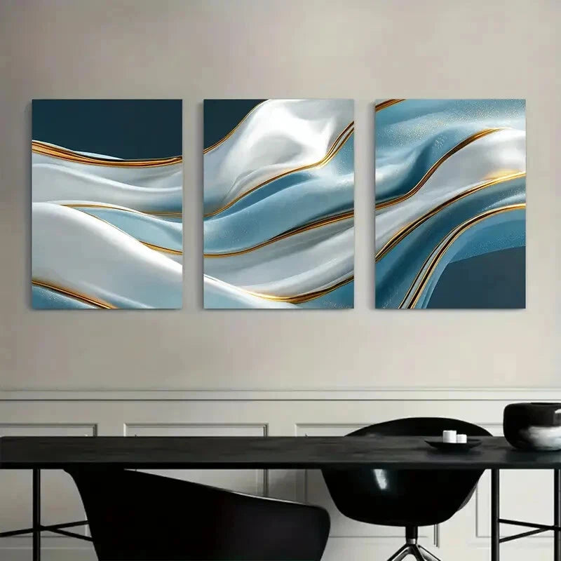 3pcs Abstract Blue and White Waves Metal Print Ready to Hang Art - Bella Home Decor
