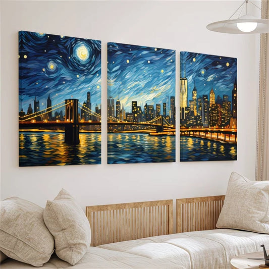 3pcs New York City Starry Night Skyline Wall Art Set Canvas Framed 50x70cm - High Quality Print 100% Australian Made Wall Canvas Ready to Hang - Bella Home Decor