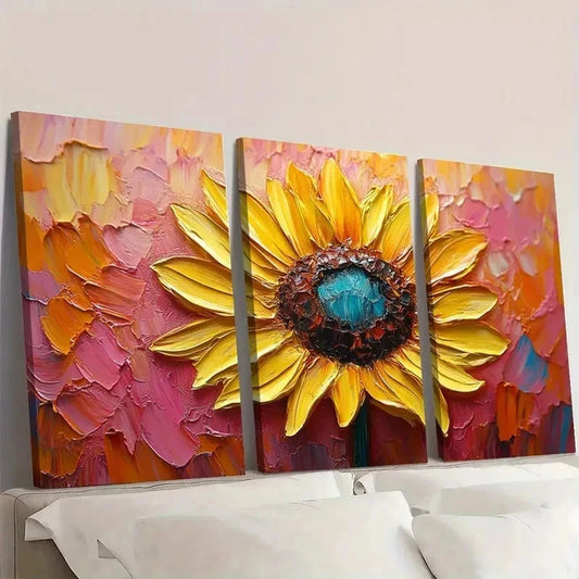 3pcs Sunflower Original Yellow floral Pink A Wall Art Set Canvas Framed 40x60cm - High Quality Print 100% Australian Made Wall Canvas Ready to Hang