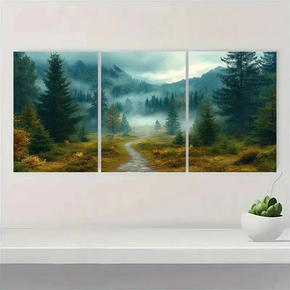 3pcs Mystical Woodland Foggy Trees Landscape Metal Print Ready to Hang Art - Bella Home Decor
