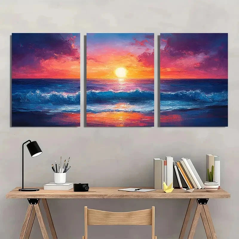 3pcs Vibrant Abstract Seascape & Fiery Sky Metal Print Ready to Hang Art - Bella Home Decor
