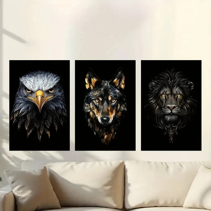 3pcs Majestic Golden Animal Eagle Wolf Lion Metal Print Ready to Hang Art