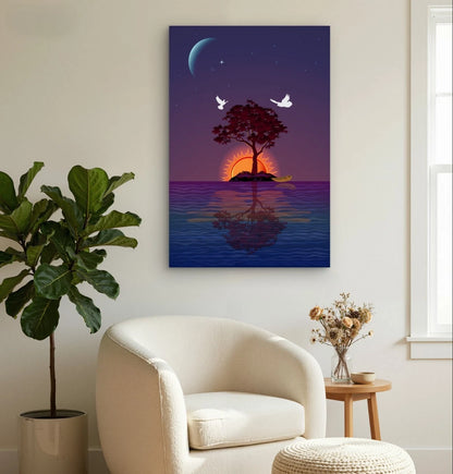 Surreal Sunset and Moon Tree Island Dreamscape 40x60cm Metal Print Ready to Hang
