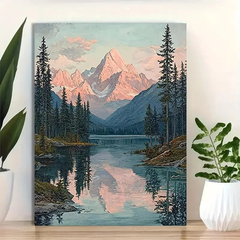 Beautiful Vintage Tranquil Lake Landscape Painting 40x60cm Metal Print Ready to Hang