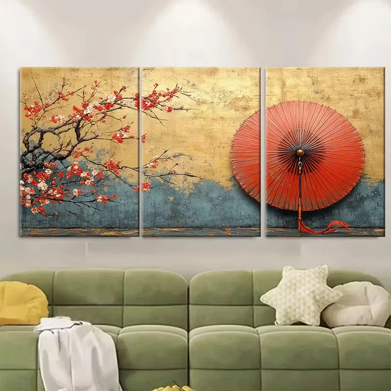 3pcs Elegant Asian Wagasa Umbrella Metal Print Ready to Hang Art