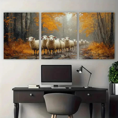 3pcs Textured Village Sheep Illustration Wall Art Set Canvas Unframed - High Quality Print 100% Australian Made Wall Canvas