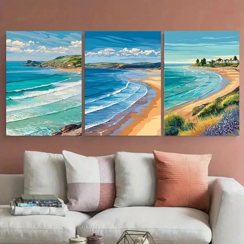 3pcs Woolacombe Travel Beach Illustration Wall Art Set Canvas Framed 40x60cm - High Quality Print 100% Australian Made Wall Canvas Ready to Hang