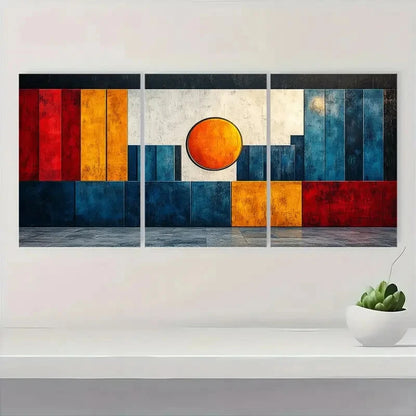 3pcs Blue White Orange & Red Geometric Designs Metal Print Ready to Hang Art - Bella Home Decor