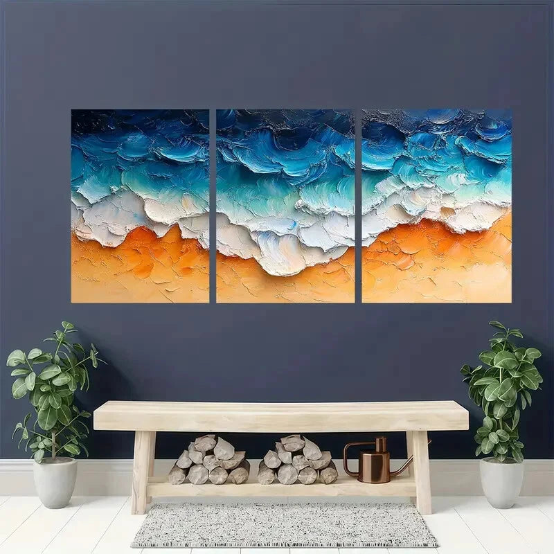 3pcs Vibrant Ocean Waves & Sandy Shore Scene Metal Print Ready to Hang Art - Bella Home Decor