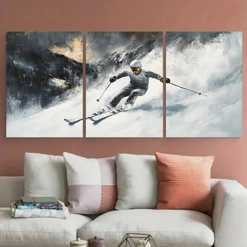 3pcs Skiing Sport Gift Skier on Snowy Mountain Wall Art Set Canvas Framed 50x70cm - High Quality Print 100% Australian Made Wall Canvas Ready to Hang