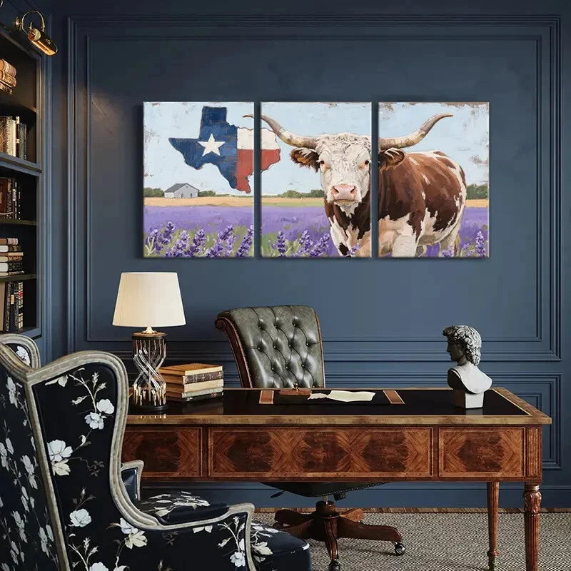 3pcs Texas Flag Longhorn Cow Lavender Field Metal Print Ready to Hang Art - Bella Home Decor
