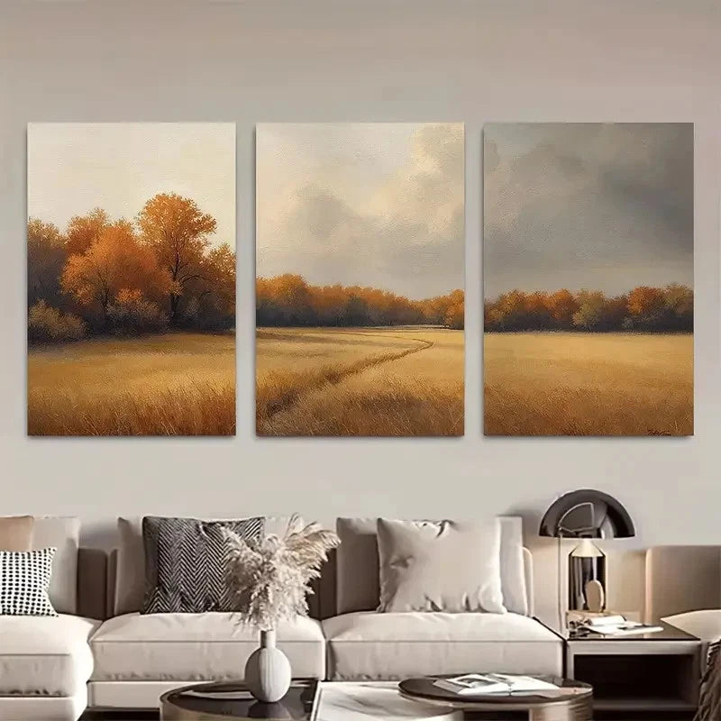 3pcs Autumn Landscape Triptych with Golden Fields Metal Print Ready to Hang Art - Bella Home Decor