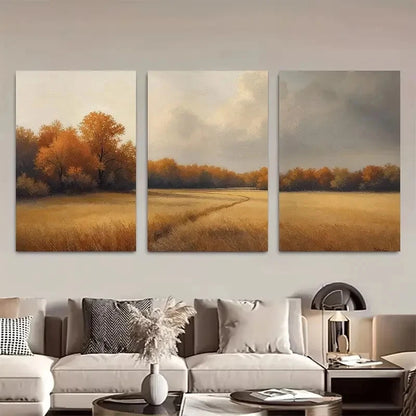 3pcs Autumn Landscape Triptych with Golden Fields Metal Print Ready to Hang Art - Bella Home Decor