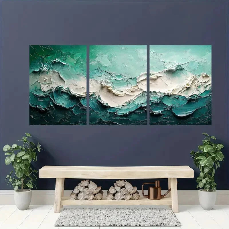 3pcs Abstract Light Green & Blue Marble Design Metal Print Ready to Hang Art - Bella Home Decor