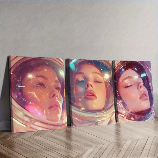 3pcs Featuring An Astronaut Colorful Background Wall Art Set Canvas Framed 50x70cm - High Quality Print 100% Australian Made Wall Canvas Ready to Hang