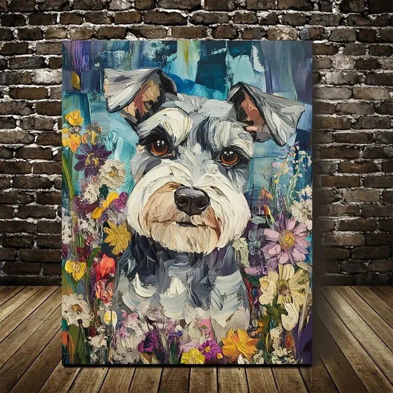 Flowers And Plants Cute Schnauzer Dog Painting 40x60cm Metal Print Ready to Hang - Bella Home Decor