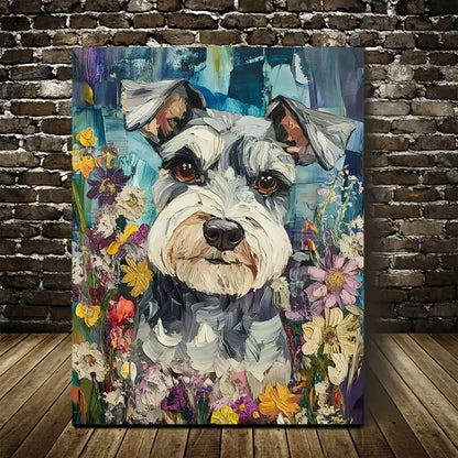 Flowers And Plants Cute Schnauzer Dog Painting 40x60cm Metal Print Ready to Hang - Bella Home Decor