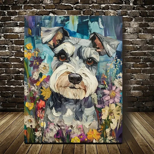 Flowers And Plants Cute Schnauzer Dog Painting 40x60cm Metal Print Ready to Hang - Bella Home Decor