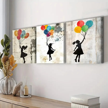 3pcs Featuring a Girl with Balloons Decorating Wall Art Set Canvas Framed 40x60cm - High Quality Print 100% Australian Made Wall Canvas Ready to Hang