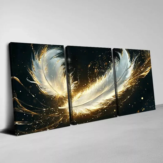 3pcs Abstract Golden Feathers Dark Background Wall Art Set Canvas Framed 50x70cm - High Quality Print 100% Australian Made Wall Canvas Ready to Hang