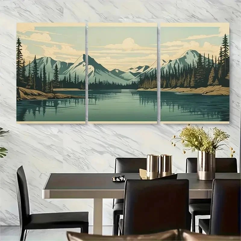 3pcs Lithograph Graphic Landscape Metal Print Ready to Hang Art