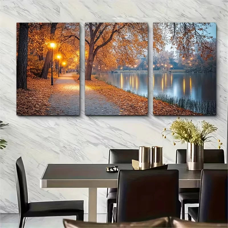 3pcs Golden Street Lights Illuminated Landscape Metal Print Ready to Hang Art - Bella Home Decor